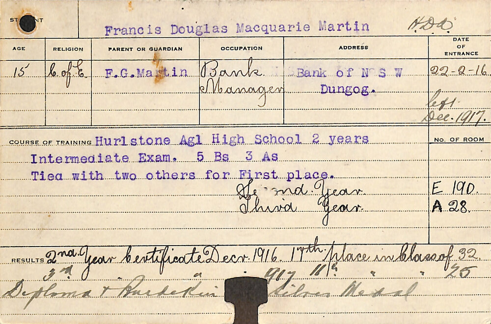 MARTIN, Francis Douglas Macquarie (Hawkesbury Diploma of Agriculture (HDA))