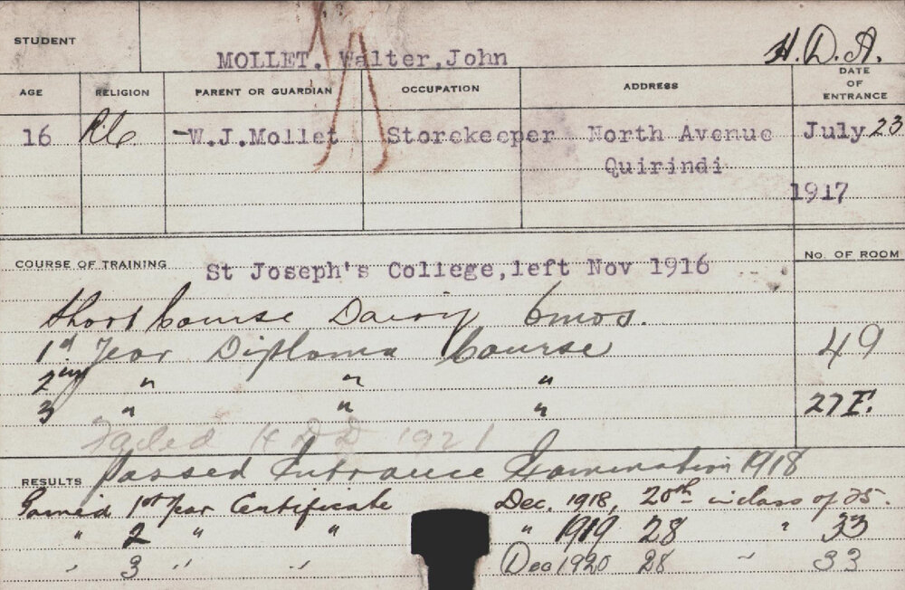 MOLLET, Walter John (Hawkesbury Diploma of Agriculture (HDA)/ Short Course - Dairy)