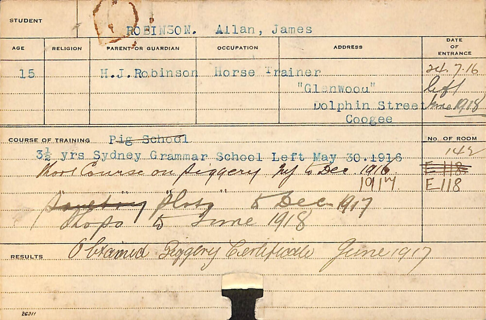 ROBINSON, Allan James (Short Course - Shops, Plots &amp; Piggery)