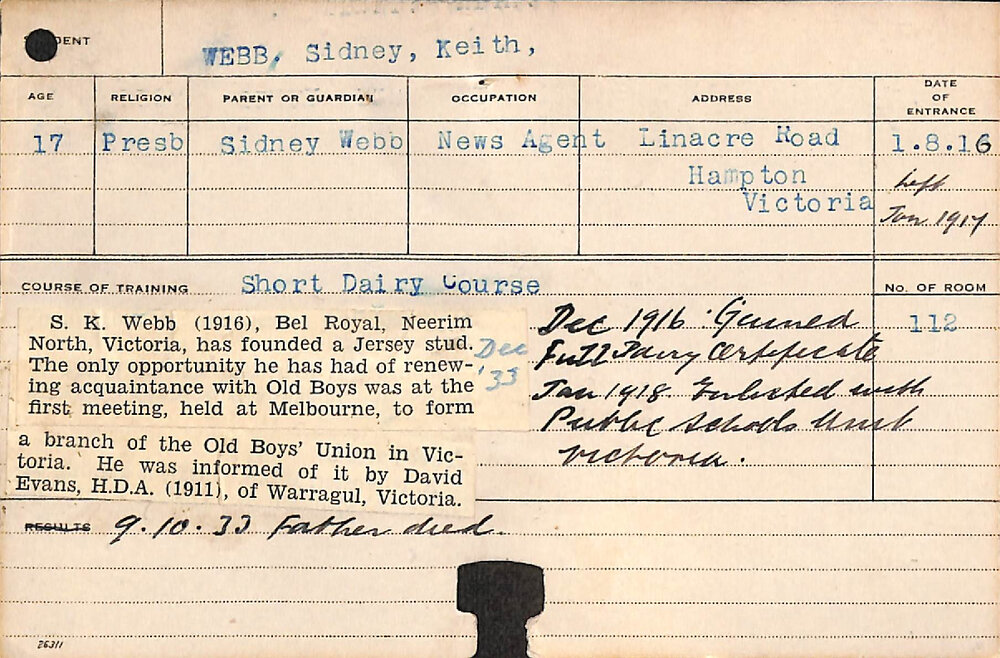 Webb, Sidney Keith (Short Course - Dairy)