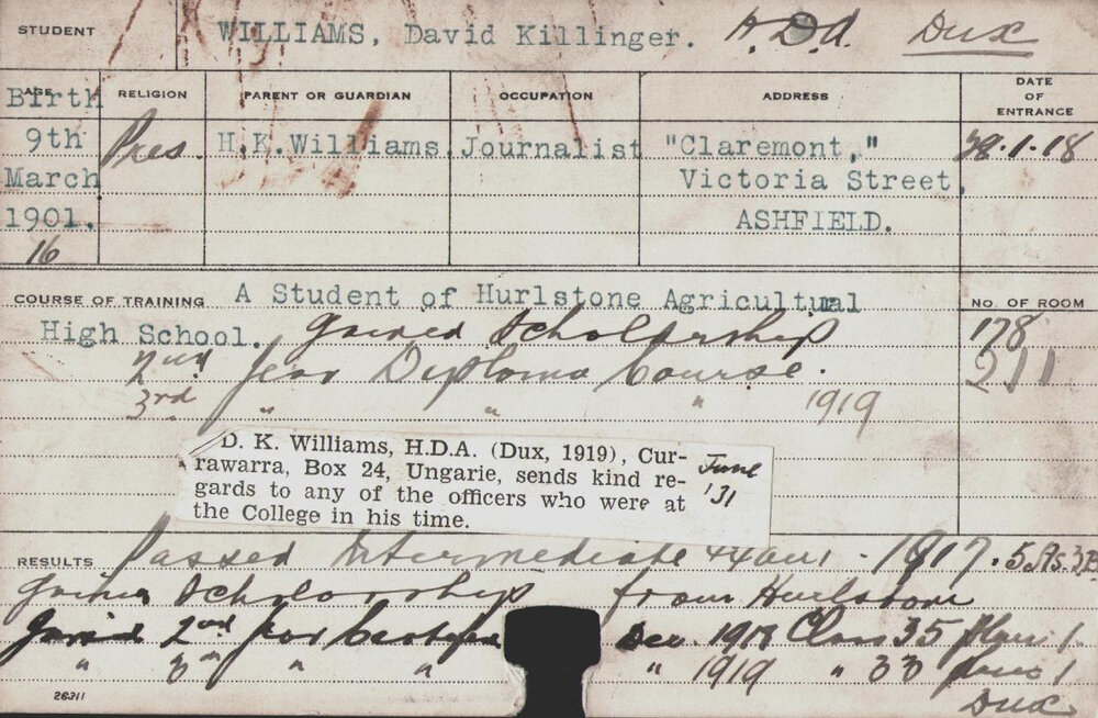 Williams, David Killinger (Hawkesbury Diploma of Agriculture (HDA))