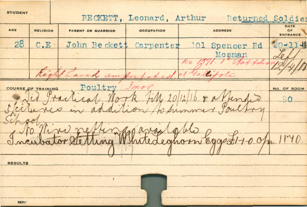 BECKETT, Leonard Arthur (Short Course - Poultry)