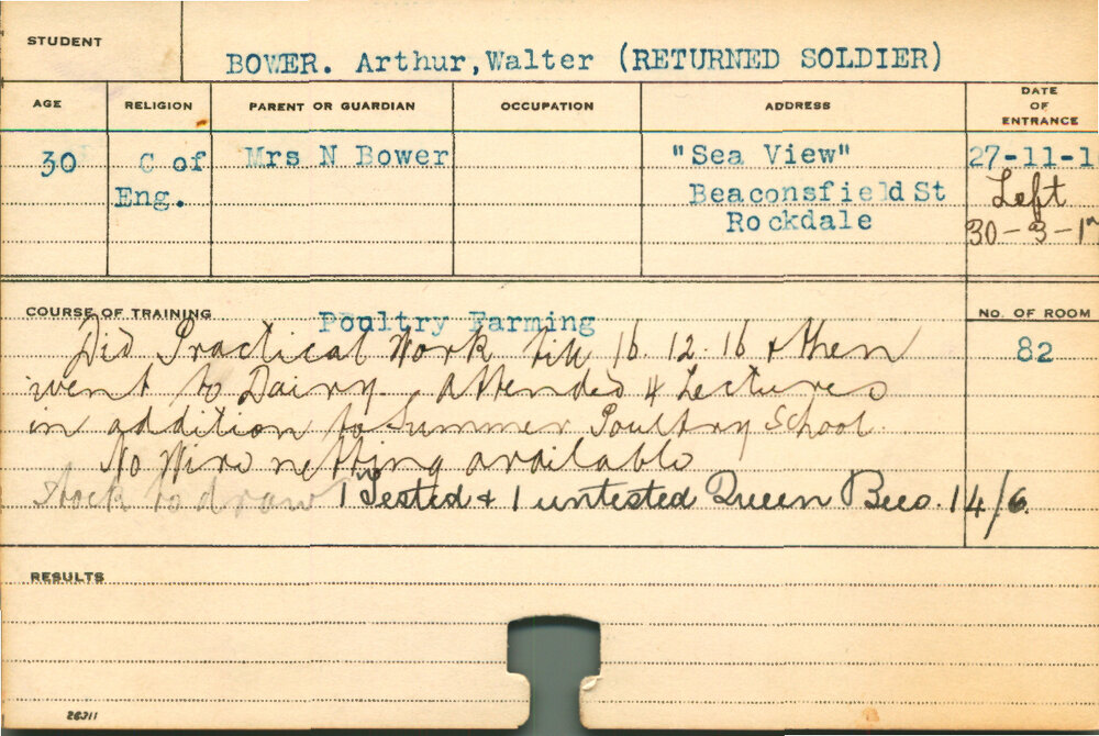 BOWER, Arthur Walter (Short Course - Poultry Farming &amp; Dairy)