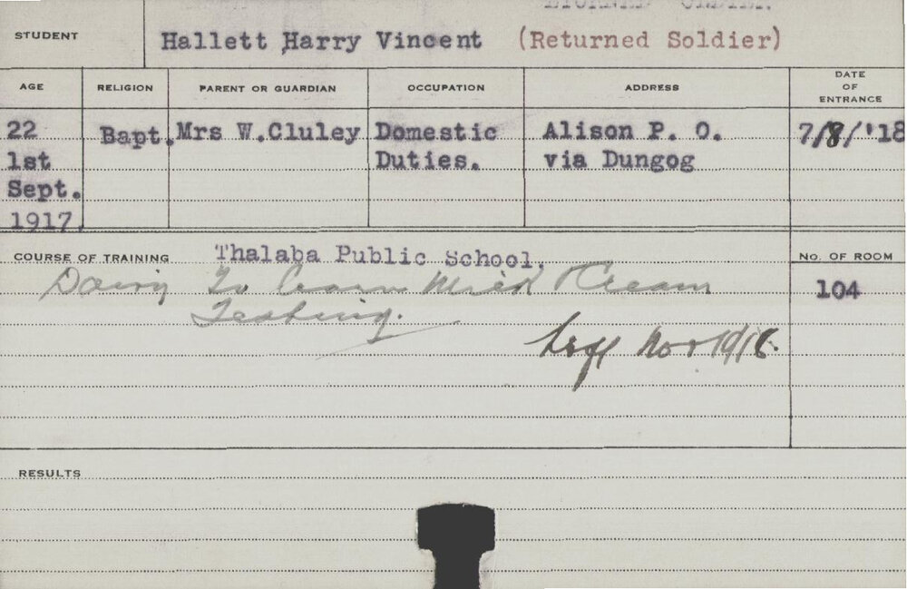 Hallett, Harry Vincent (Short Course - Dairy)