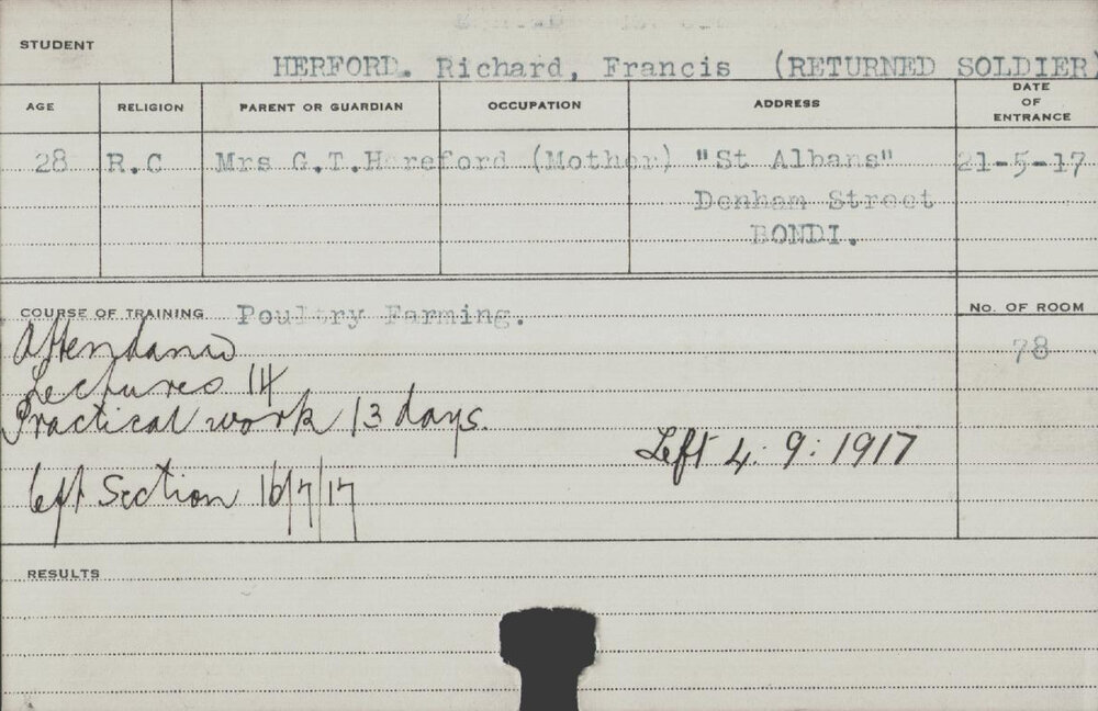 Herford, Richard Francis (Short Course - Poultry Farming)