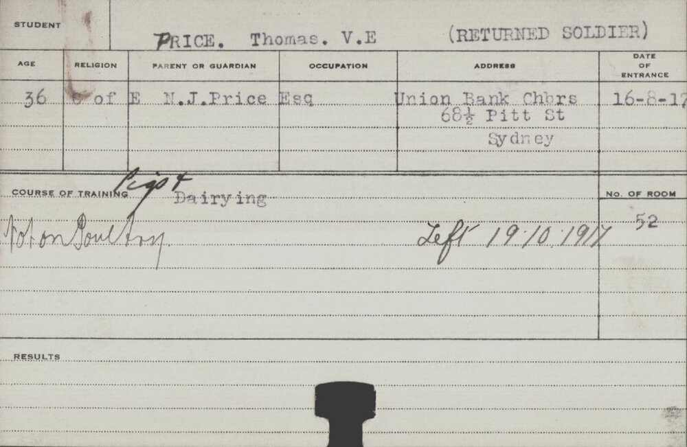 Price, Thomas VE (Short Course - Pigs &amp; Dairying)