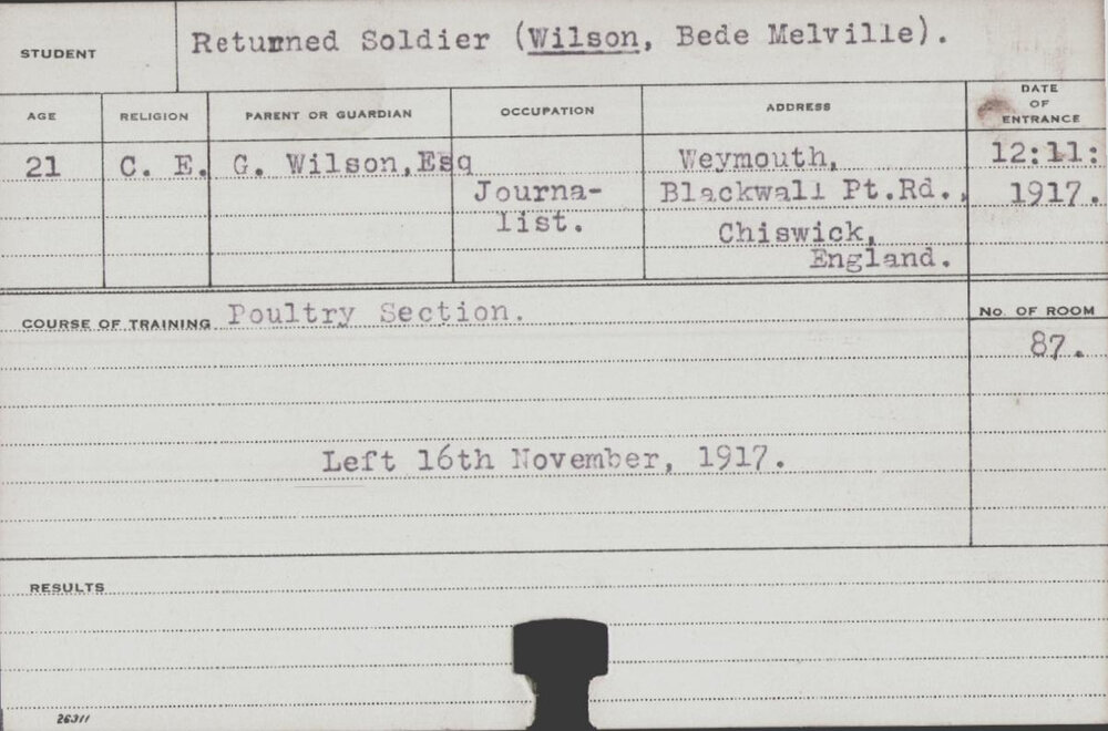 Wilson, Bede Melville (Short Course - Poultry Section)