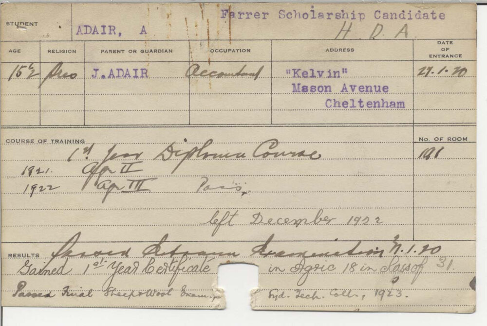 ADAIR, Alan F (Hawkesbury Diploma of Agriculture (HDA))