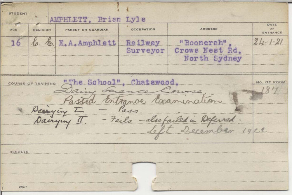 AMPHLETT, Brian Lyle (Dairy Science Course (Certificate - Dairying 1 only))