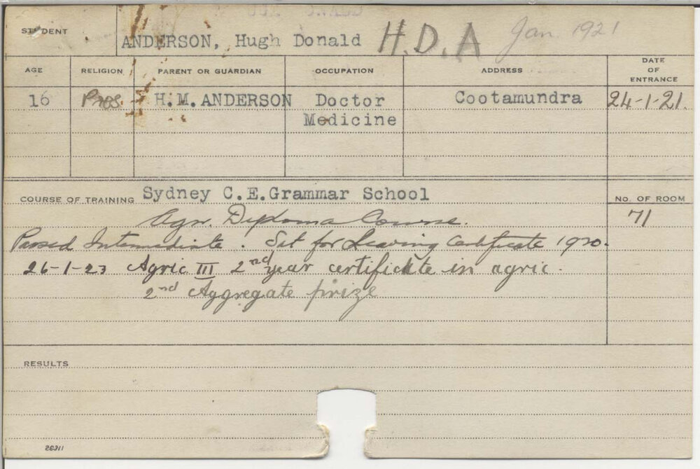 ANDERSON, Hugh Donald (Hawkesbury Diploma of Agriculture (HDA))