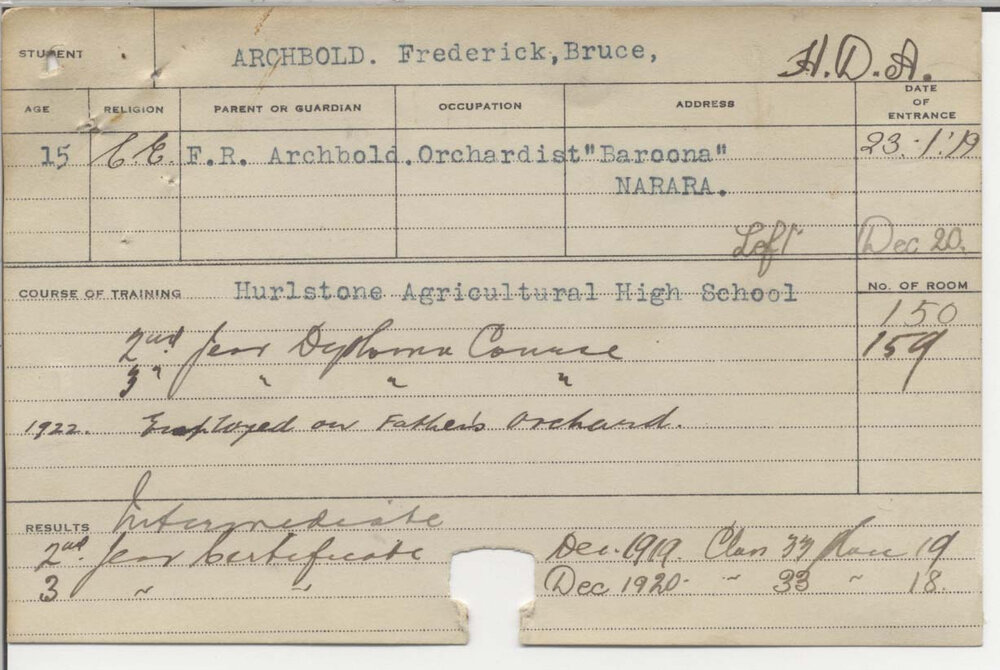 ARCHBOLD, Frederick Bruce (Hawkesbury Diploma of Agriculture (HDA))