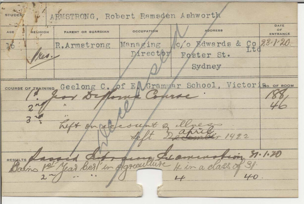 ARMSTRONG, Robert Ramsden Ashworth (First Year Certificate &amp; Second Year Certificate - Agriculture)