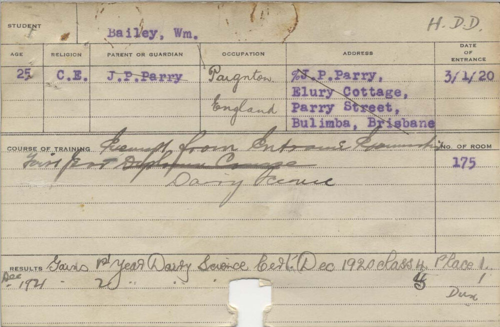 BAILEY, W M (Hawkesbury Diploma in Dairying (HDD) (Dux))