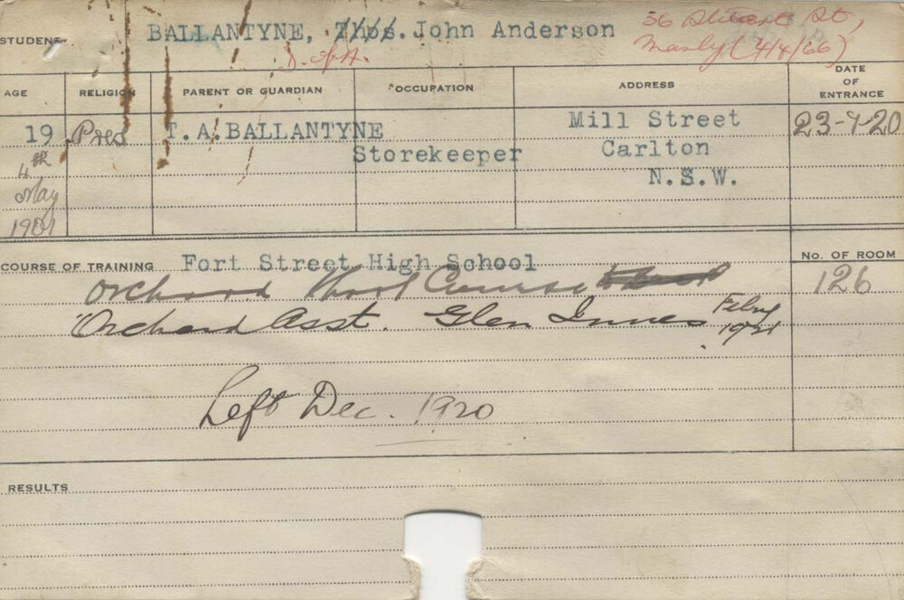 BALLANTYNE, John Anderson (Orchard Course)