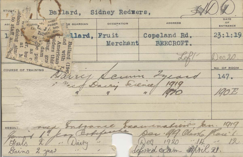 BALLARD, Sidney Redvers (Hawkesbury Diploma in Dairying (HDD))