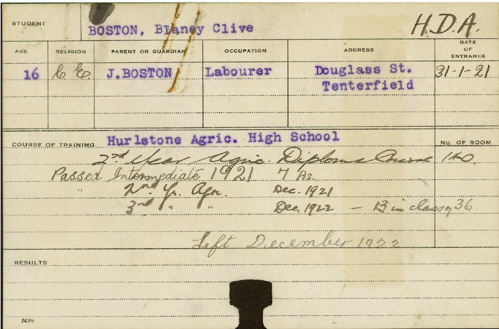 BOSTON, Blaney Clive (Hawkesbury Diploma of Agriculture (HDA))