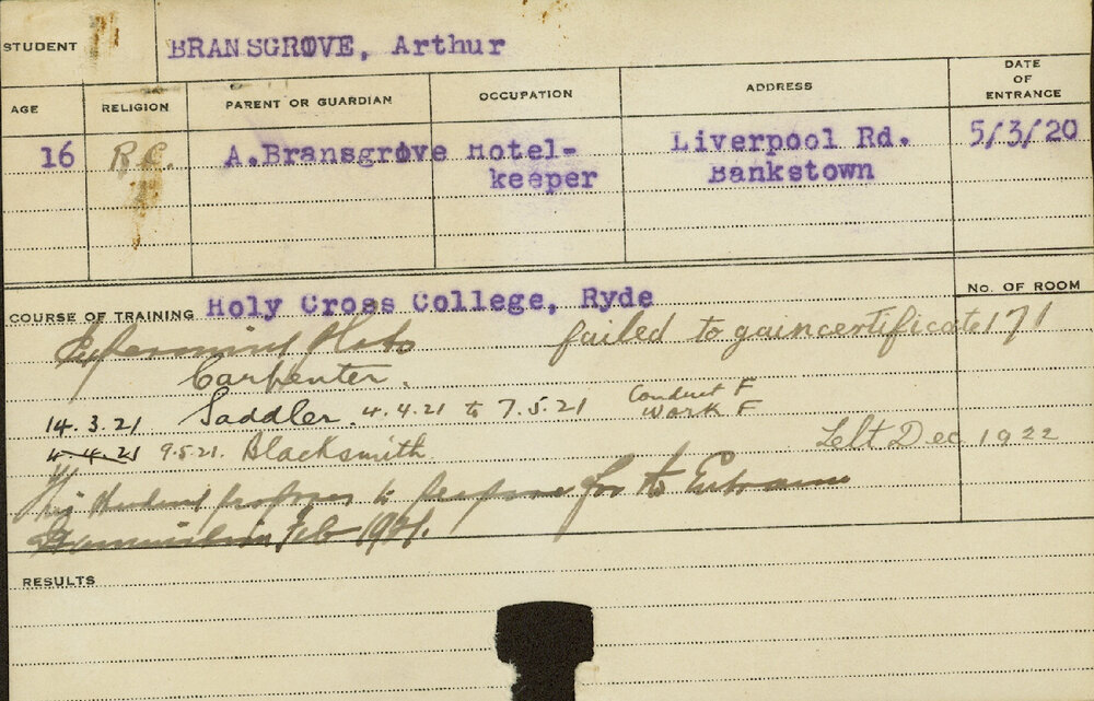 BRANSGROVE, Arthur (Special courses - Experimental Plots and Carpentry and Saddlery and Blacksmith)