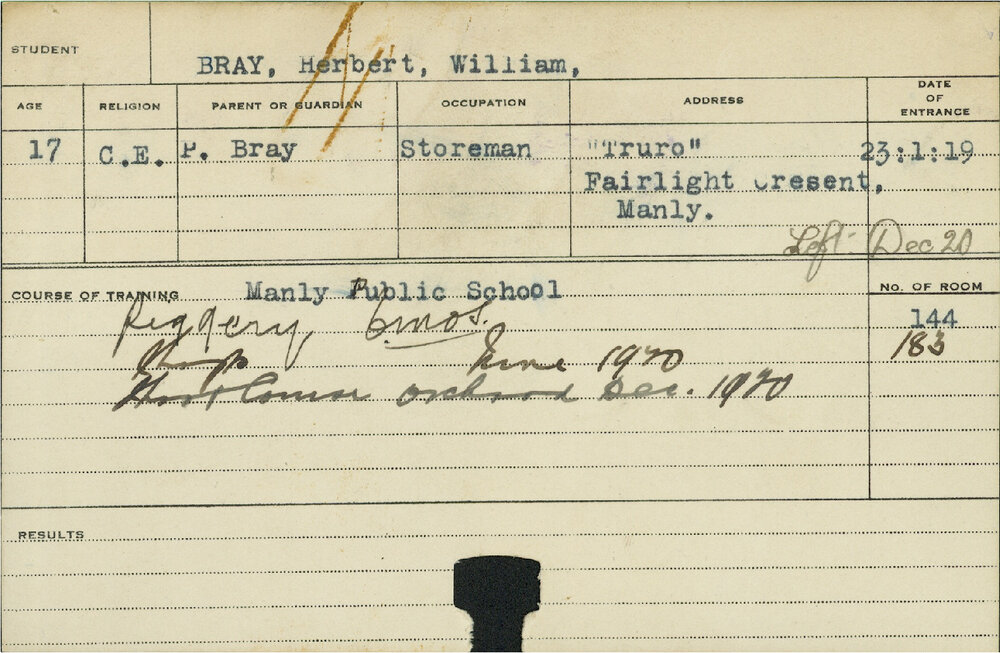 BRAY, Herbert William (Short courses - Piggery and Shops and Orchard)