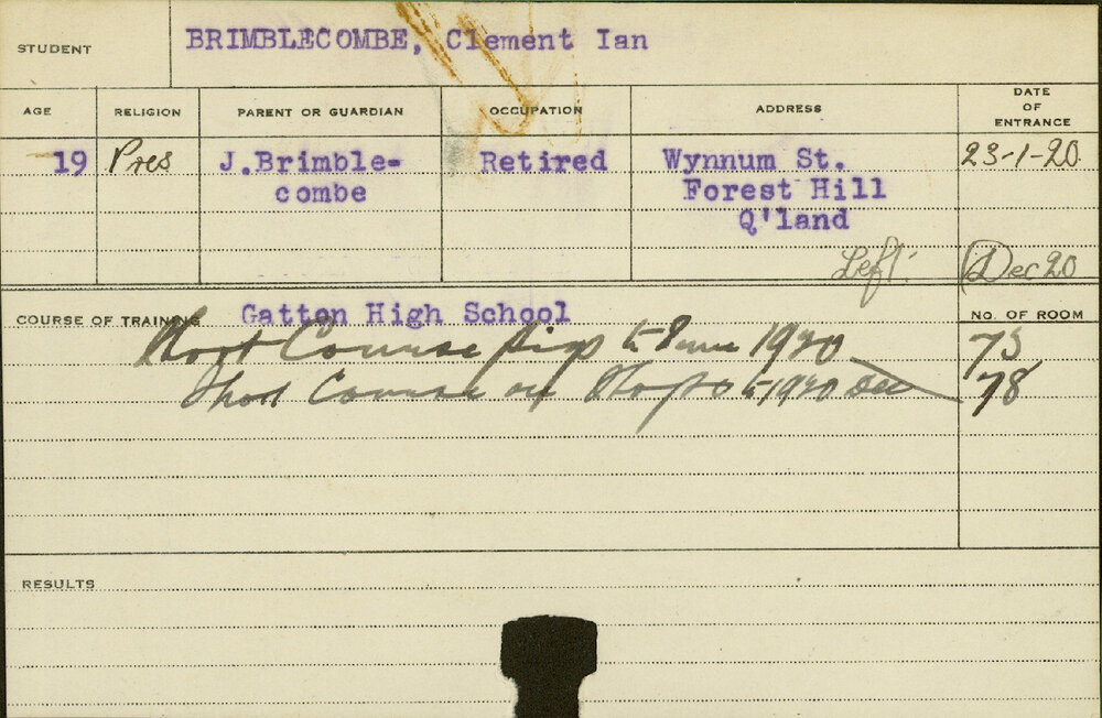 BRIMBLECOMBE, Clement Ian (Short Course - Piggery and Shops)