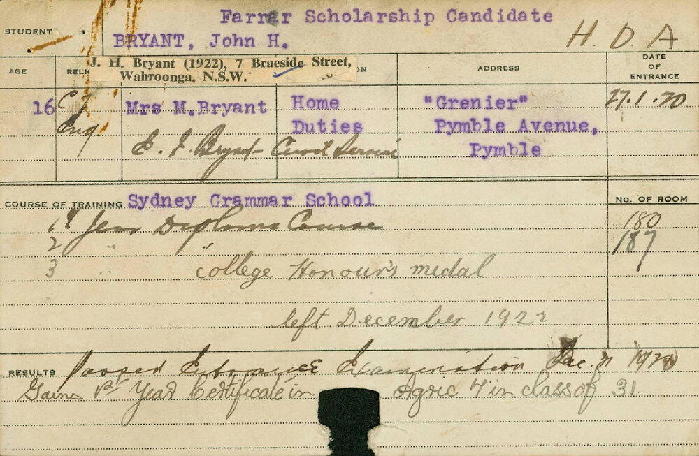 BRYANT, John H (Hawkesbury Diploma of Agriculture (HDA) (College Honours Medal))