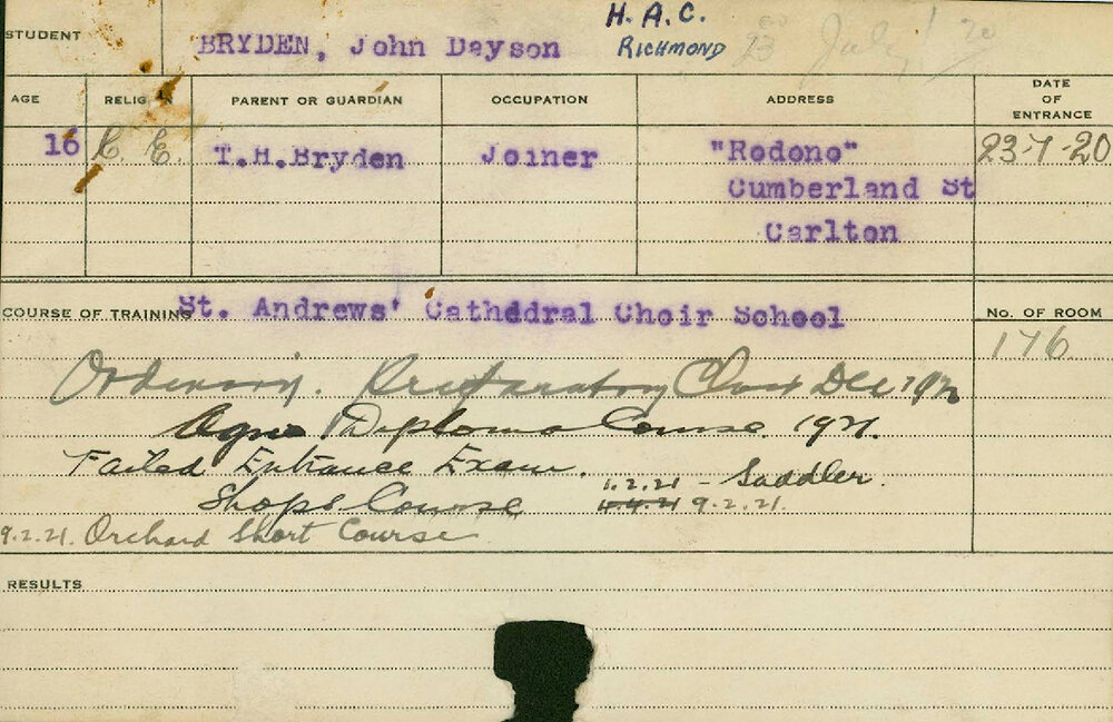 BRYDEN, John Dayson (Short Course - Shops, Orchard, Saddlery)