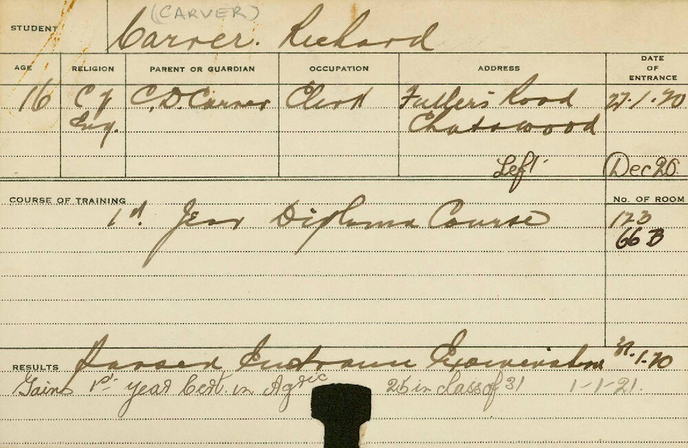 CARVER, Richard (Hawkesbury Diploma of Agriculture (HDA) - First Year Certificate)