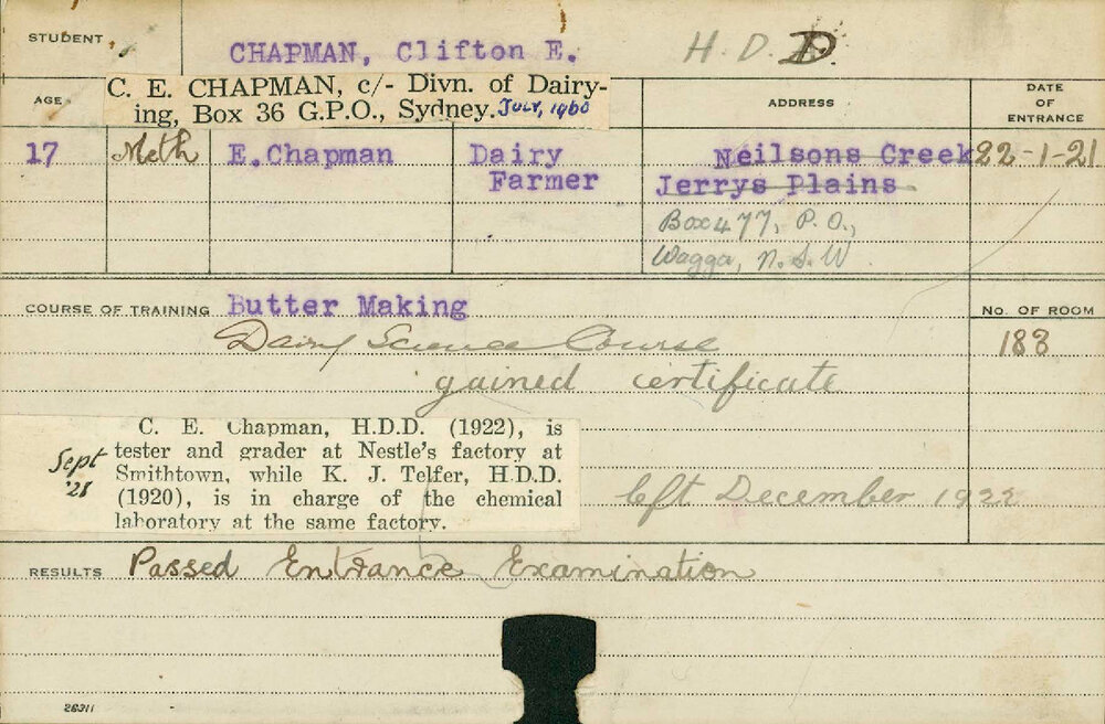 CHAPMAN, Clifton E (Hawkesbury Diploma in Dairy (HDD))