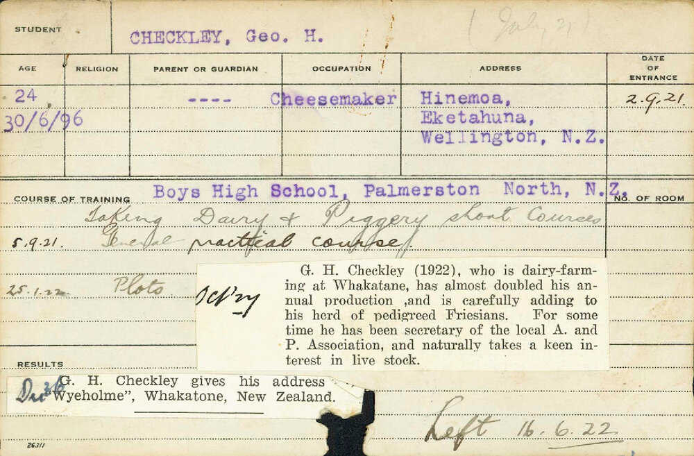 CHECKLEY, George H (Short Courses - Piggery, Dairy &amp; Plots &amp; General Practical Course)