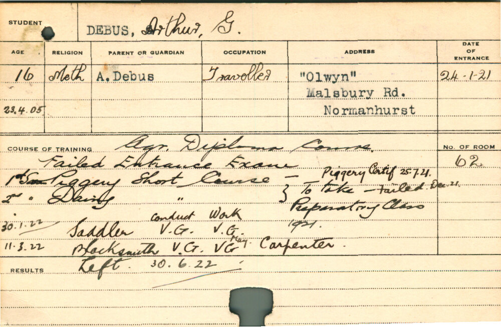 DEBUS, Arthur G (Hawkesbury Diploma of Agriculture (HDA), Piggery Short Course, Dairy Short Course)