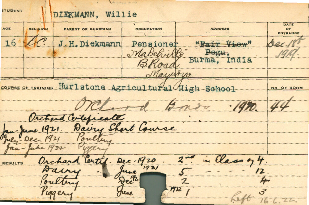 DIEKMAN, Willie (Orchard, Dairy Poultry &amp; Piggery Certificate)
