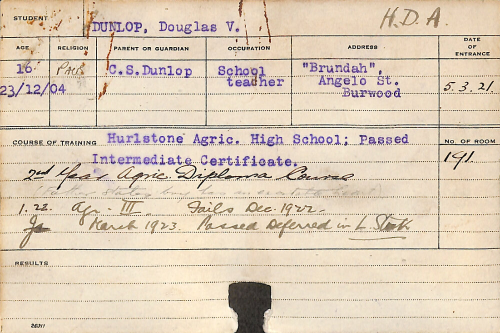DUNLOP, Douglas Victor (Hawkesbury Diploma of Agriculture (HDA))