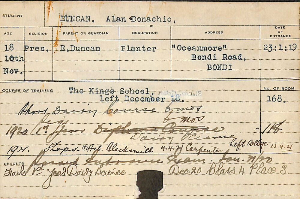 DUNCAN, Alan Donachic (Short Course - Poultry, Piggery, Shops, Blacksmith and Carpenter)