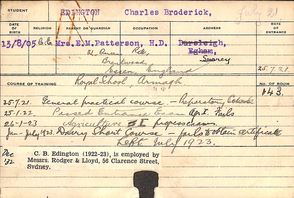 EDINGTON, Charles Broderick (Hawkesbury Diploma of Agriculture (HDA) (First Year Certificate). Short Course - Dairy)