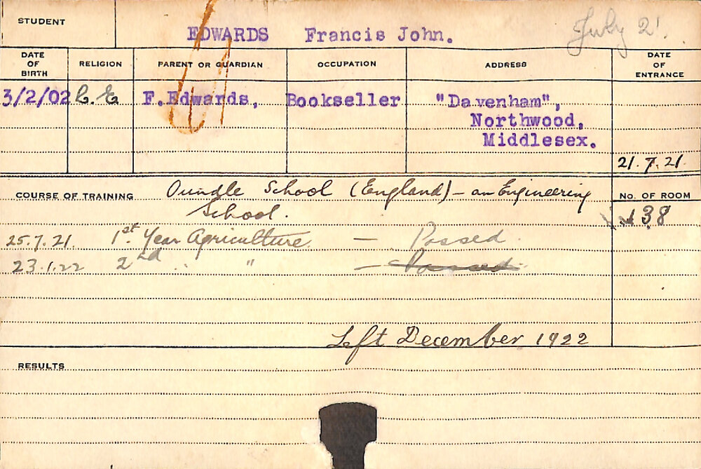 EDWARDS, Francis John (Hawkesbury Diploma of Agriculture (HDA) (First and Second Year Certificate))