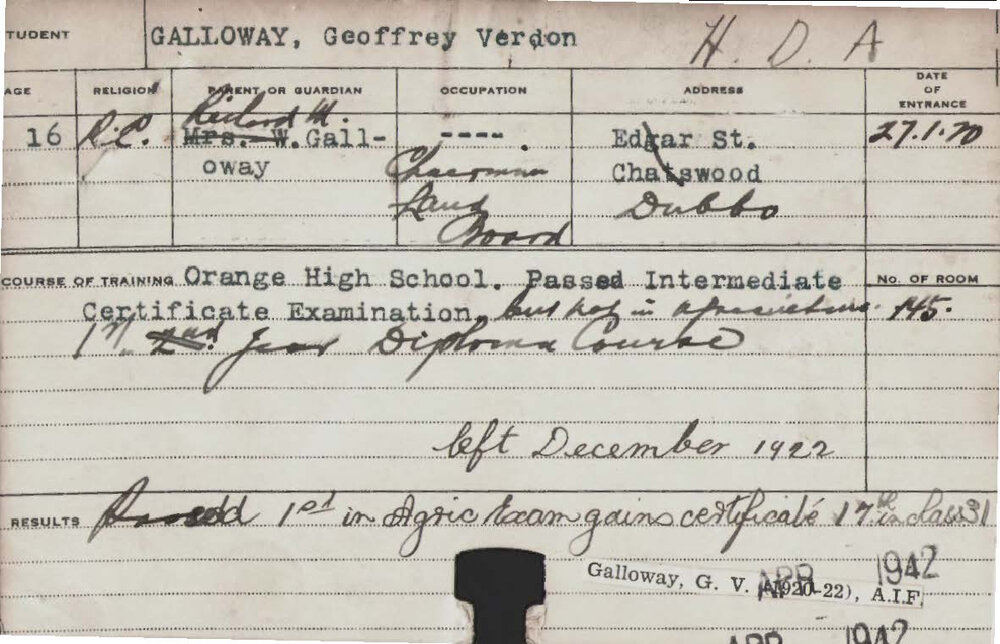 GALLOWAY, Geoffrey Verdon (Hawkesbury Diploma of Agriculture (HDA))