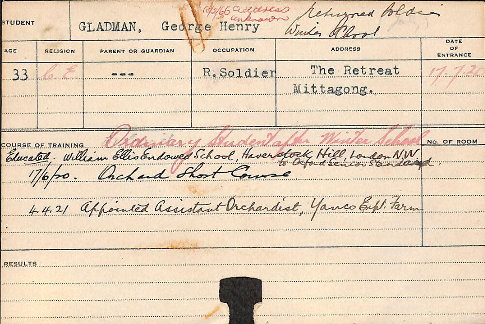 GLADMAN, George Henry (Short Course - Orchard)