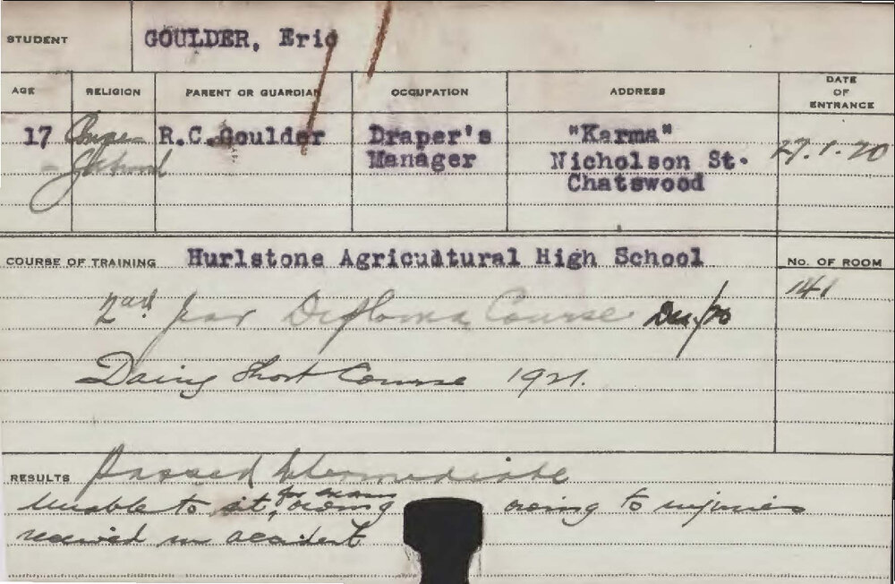 GOULDER, Eric (Hawkesbury Diploma of Agriculture (HDA)/ Second year certificate only &amp; Short Course - Dairy)