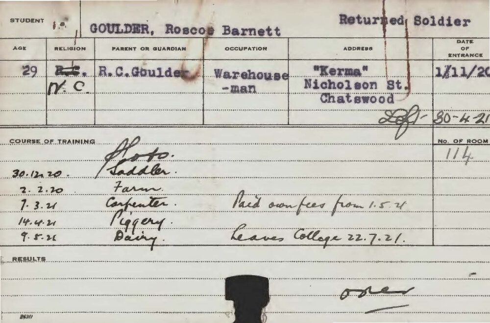 GOULDER, Roscoe Barnett (Special course - Dairy, Farm, Carpenter, Piggery &amp; Saddlery)