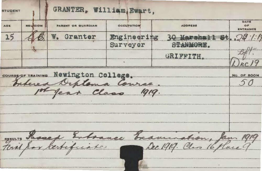 GRANTER, William Ewart (Hawkesbury Diploma of Agriculture (HDA) (First year certificate only))