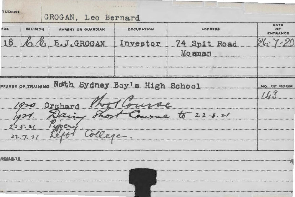 GROGAN, Leo Bernard (Short Course - Piggery and Dairy and Orchard)