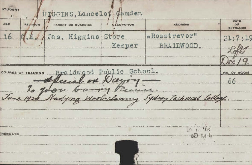 HIGGINS, Lancelot Camden (Special Course - Dairy)