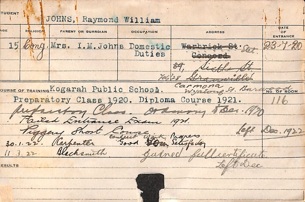 JOHNS, Raymond William (Short Course - Piggery, Carpentry &amp; Blacksmith)