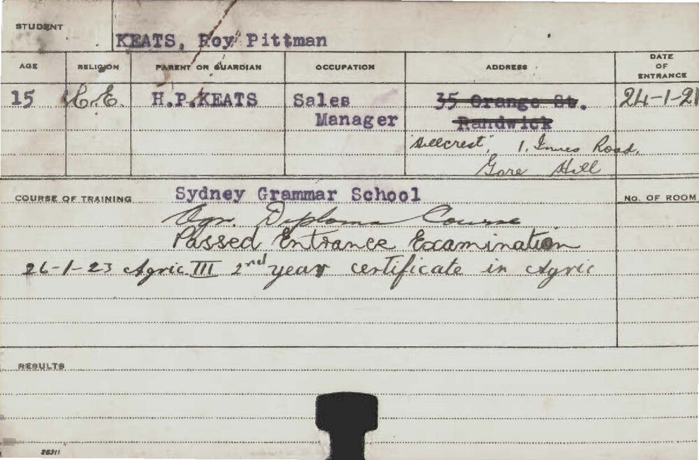 KEATS, Roy Pittman (Hawkesbury Diploma of Agriculture (HDA))