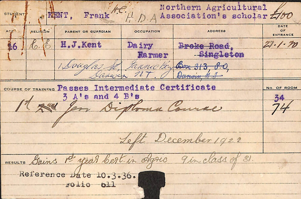 KENT, Frank HC (Hawkesbury Diploma of Agriculture (HDA))