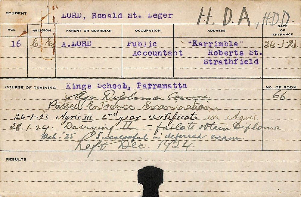 LORD, Ronald St Leger (Hawkesbury Diploma of Agriculture (HDA)/ Hawkesbury Diploma in Dairy (HDD))