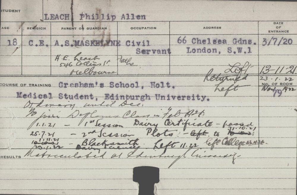 LEACH, Phillip Allen (Diploma/ Dairy Certificate, Plots &amp; Blacksmith)