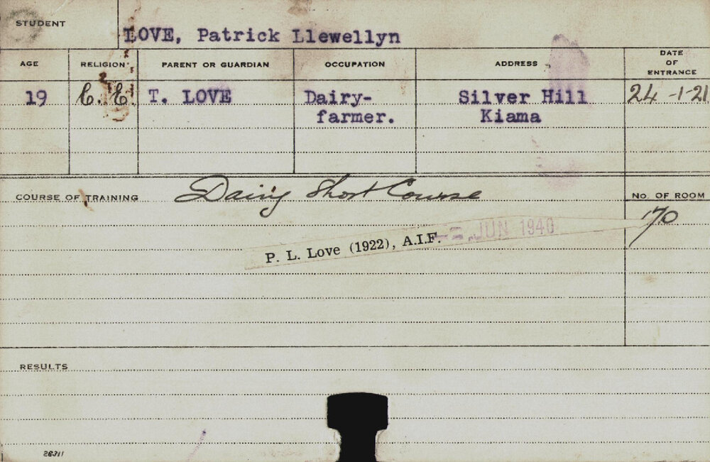 LOVE, Patrick Llewellyn (Short Course - Dairy)