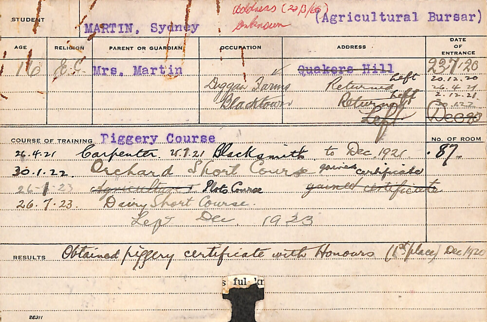 MARTIN, Sydney (Piggery Course/ Short Course - Orchard &amp; Dairy/ Carpenter &amp; Blacksmith/ Plots Course)