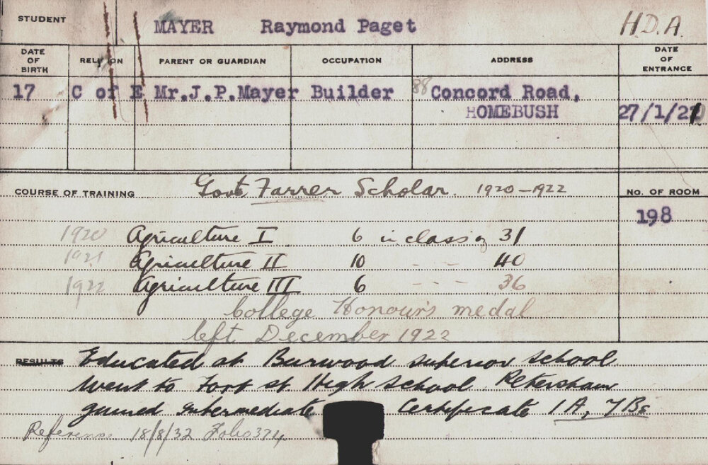 MAYER, Raymond Paget (Hawkesbury Diploma of Agriculture (HDA))
