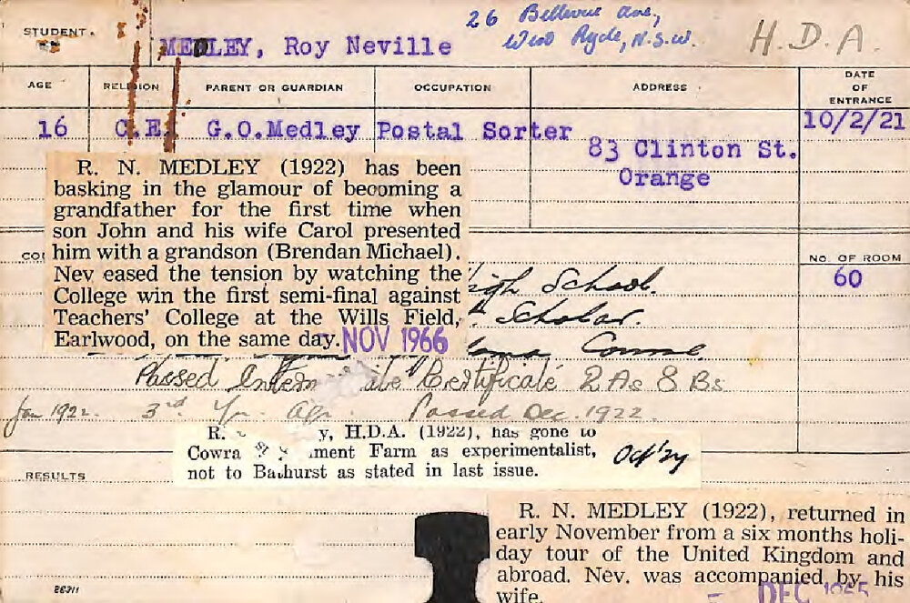 MEDLEY, Roy Neville (Hawkesbury Diploma of Agriculture (HDA))